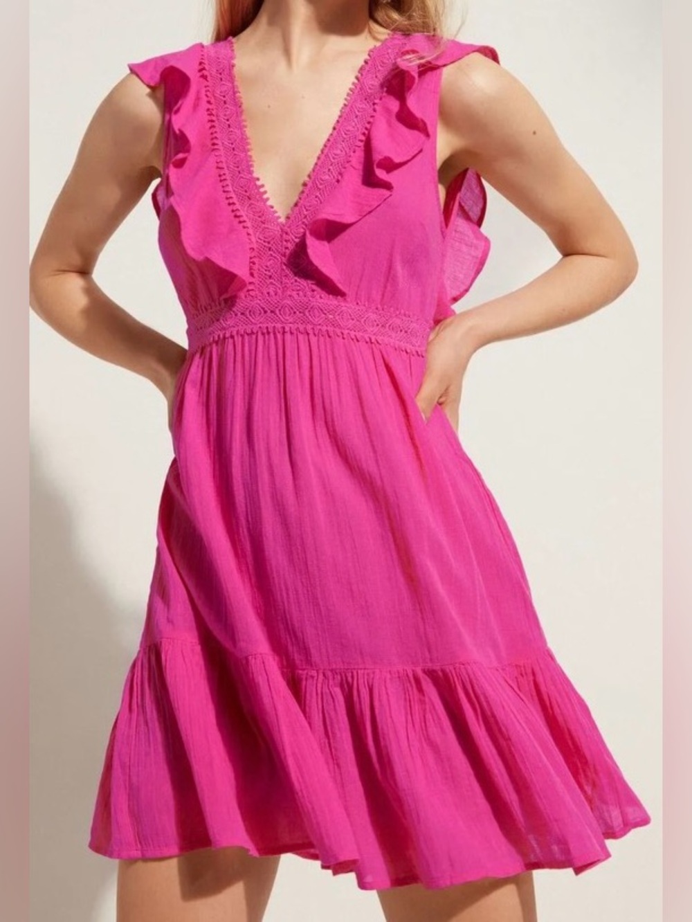 Pink Ruffle V-Neck Cover up Dress S/M